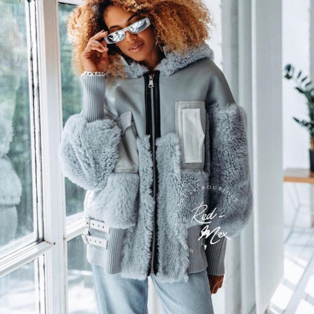 Light-Blue Real Lamb Jacket with hood, size L